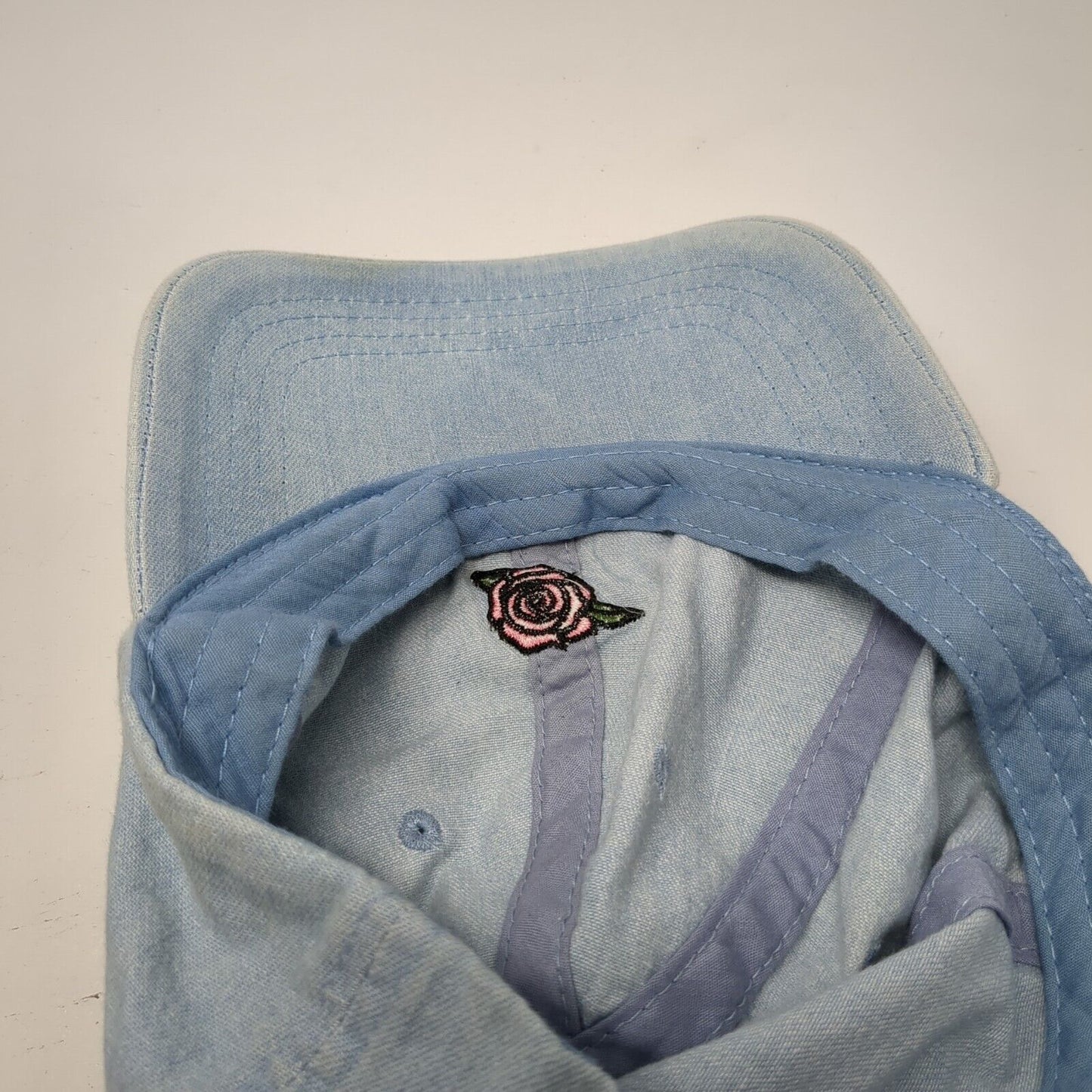 Rose Strapback Hat Blue OSFA Adjustable Embroidered Floral Denim Just Be