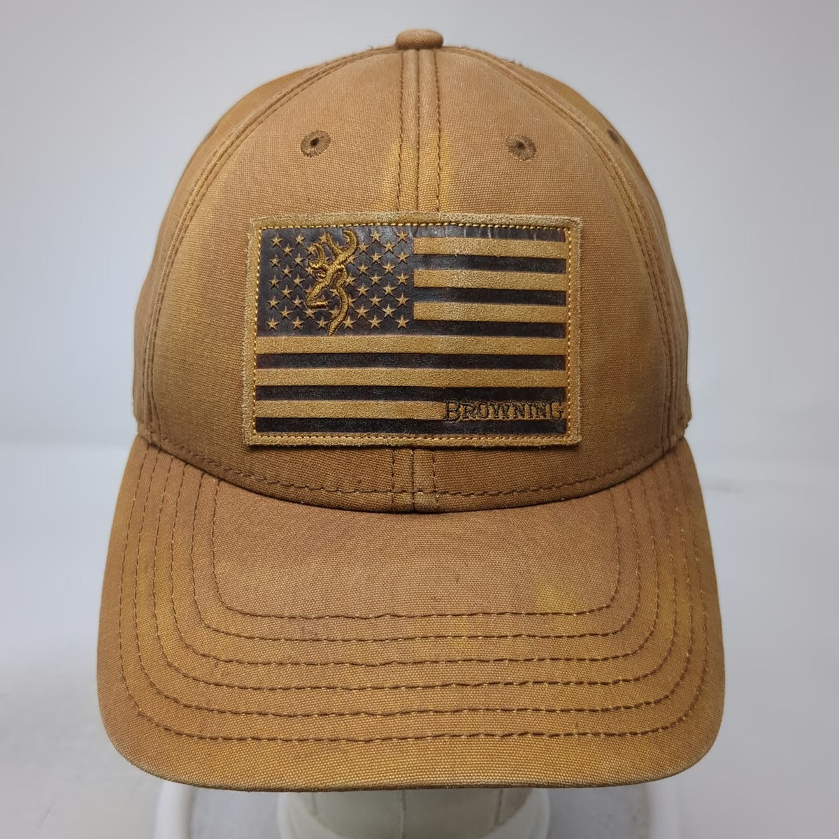 Browning Snapback Hat Brown One Size Leather Look Flag Patch Buckmark Logo