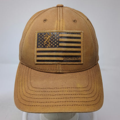 Browning Snapback Hat Brown One Size Leather Look Flag Patch Buckmark Logo