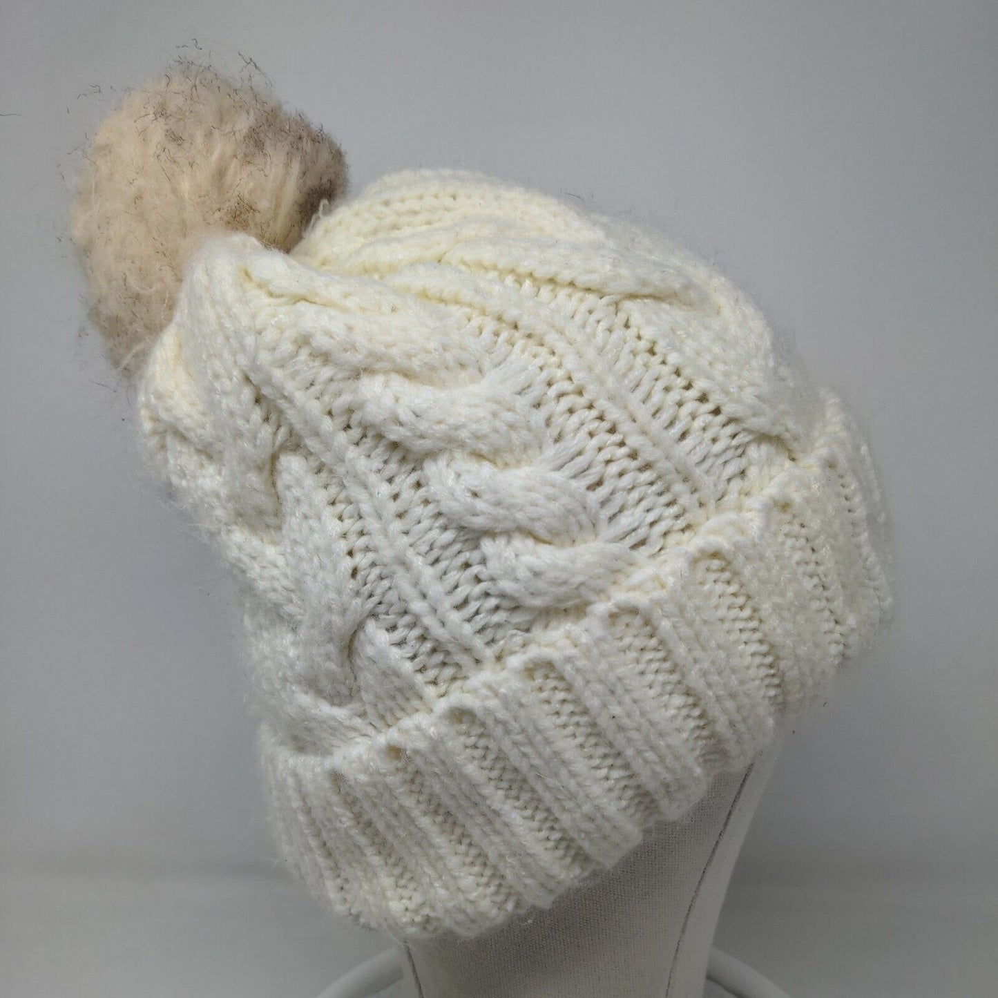 Unbranded Women's Knit Beanie Hat Cable Knit Cream Pom Pom Warm