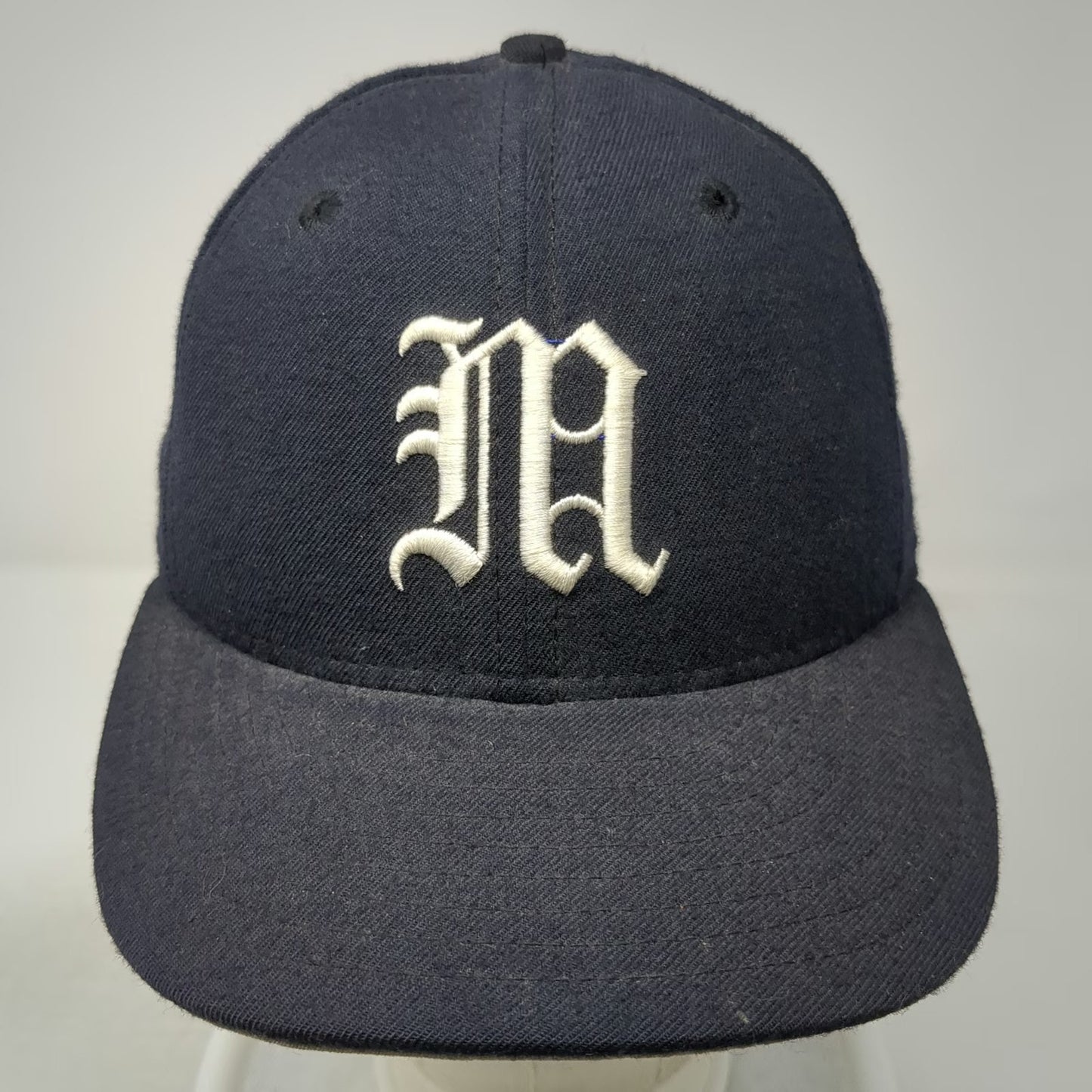 New Era Baseball Cap Blue 7 1/8 Fitted Wool Old English M 59FIFTY Hat Grey Brim