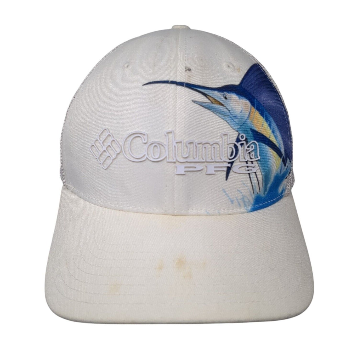 Columbia PFG Unisex Fitted Trucker Hat White L/XL Mesh Back Vented Holes 6 Panel