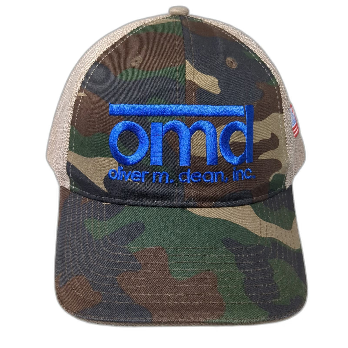Green Camo Baseball Cap One Size Oliver M Dean Inc Mesh Back US Flag Patch Hat
