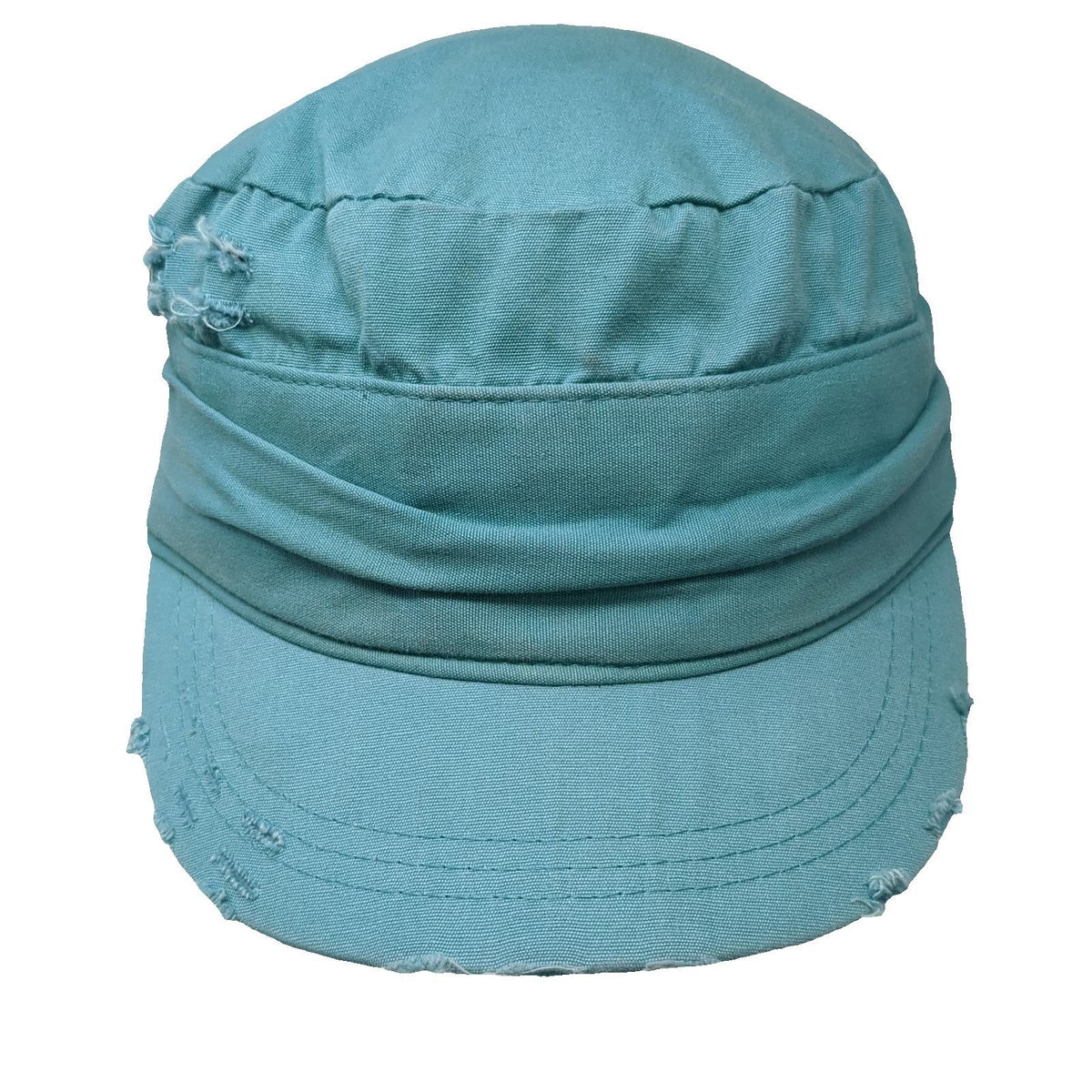 Army Cap Blue One Size Distressed Frayed Ruched Band Cadet Military Style Hat