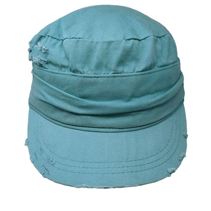 Army Cap Blue One Size Distressed Frayed Ruched Band Cadet Military Style Hat