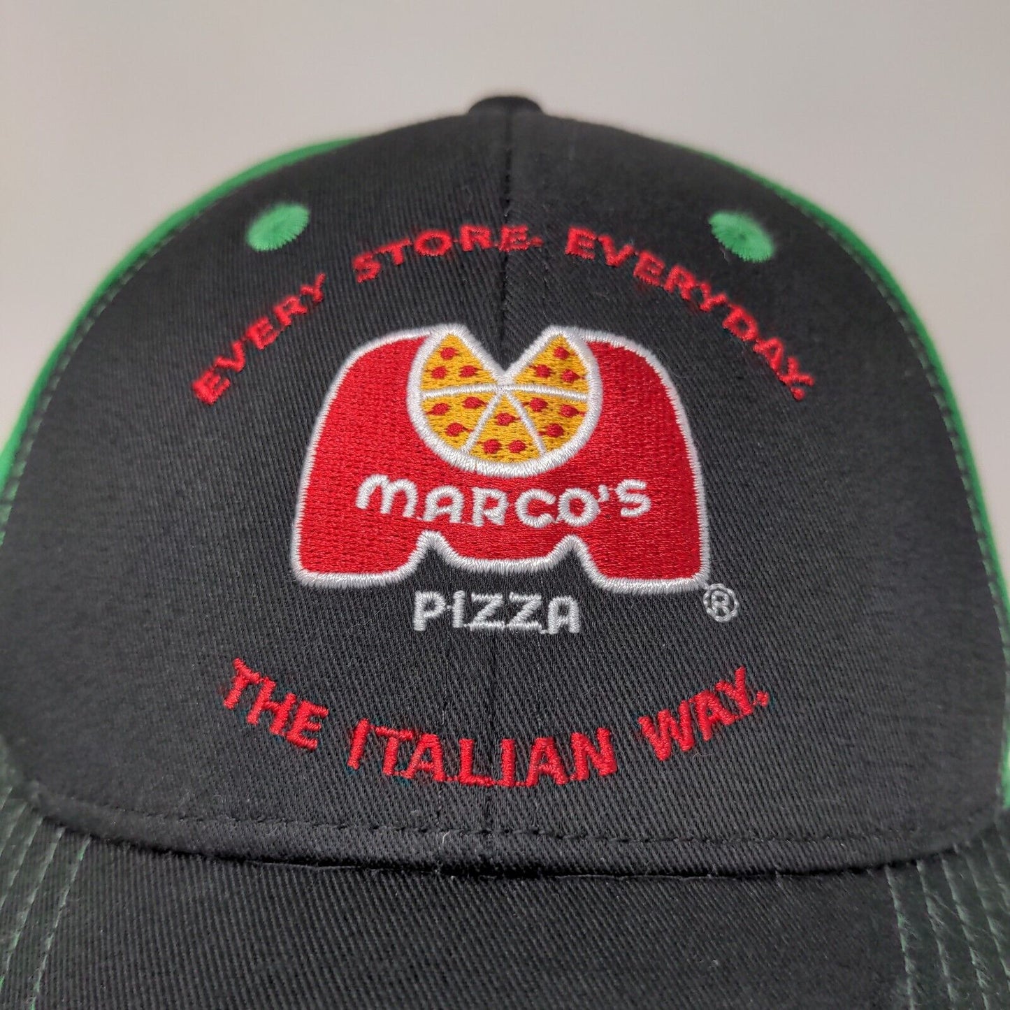 Marco's Pizza Men's Slideback Hat Green Black Adjustable Embroidered Logo Cotton