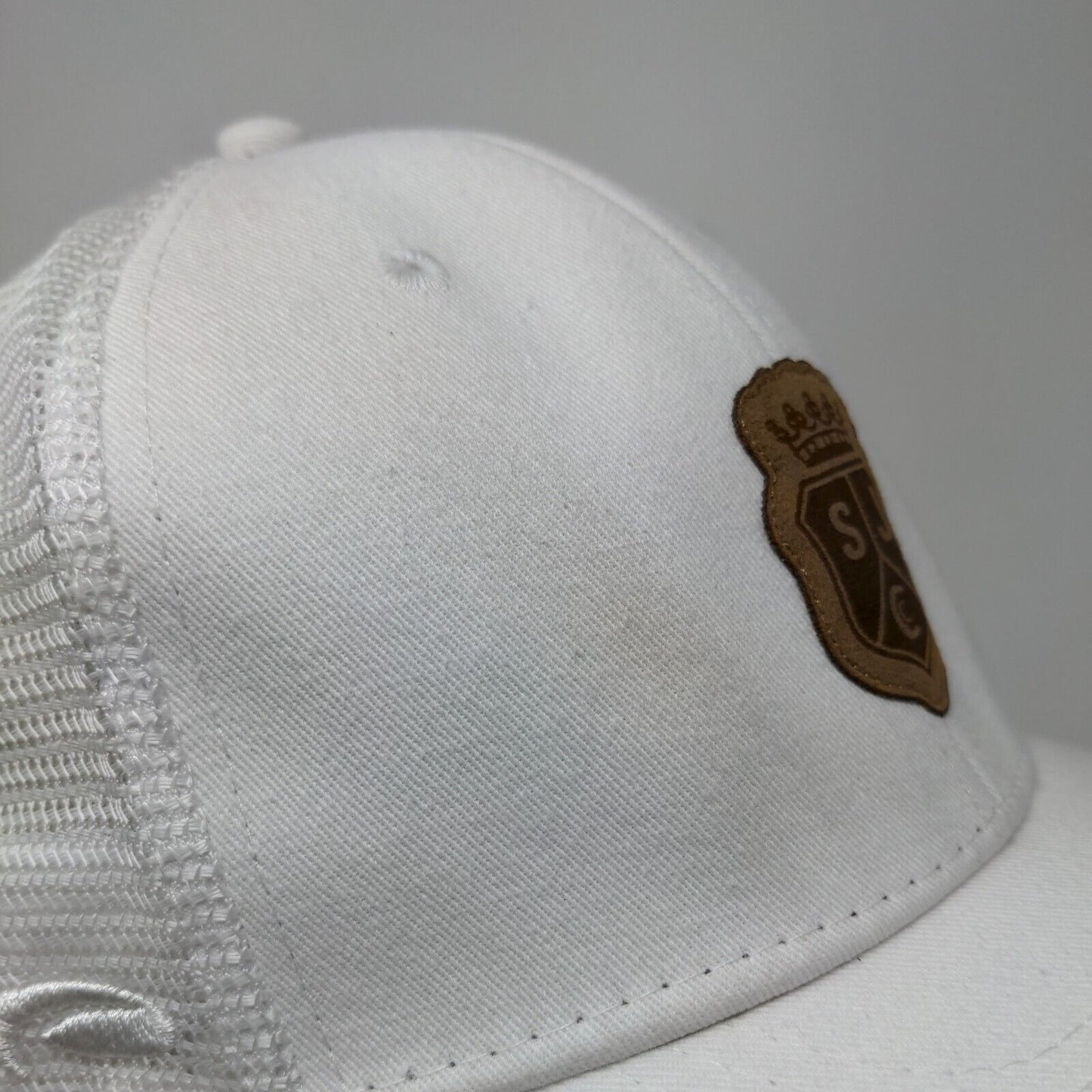 SJC Snapback Trucker Hat White One Size Patch Logo Mesh Back 6 Panel Pukka