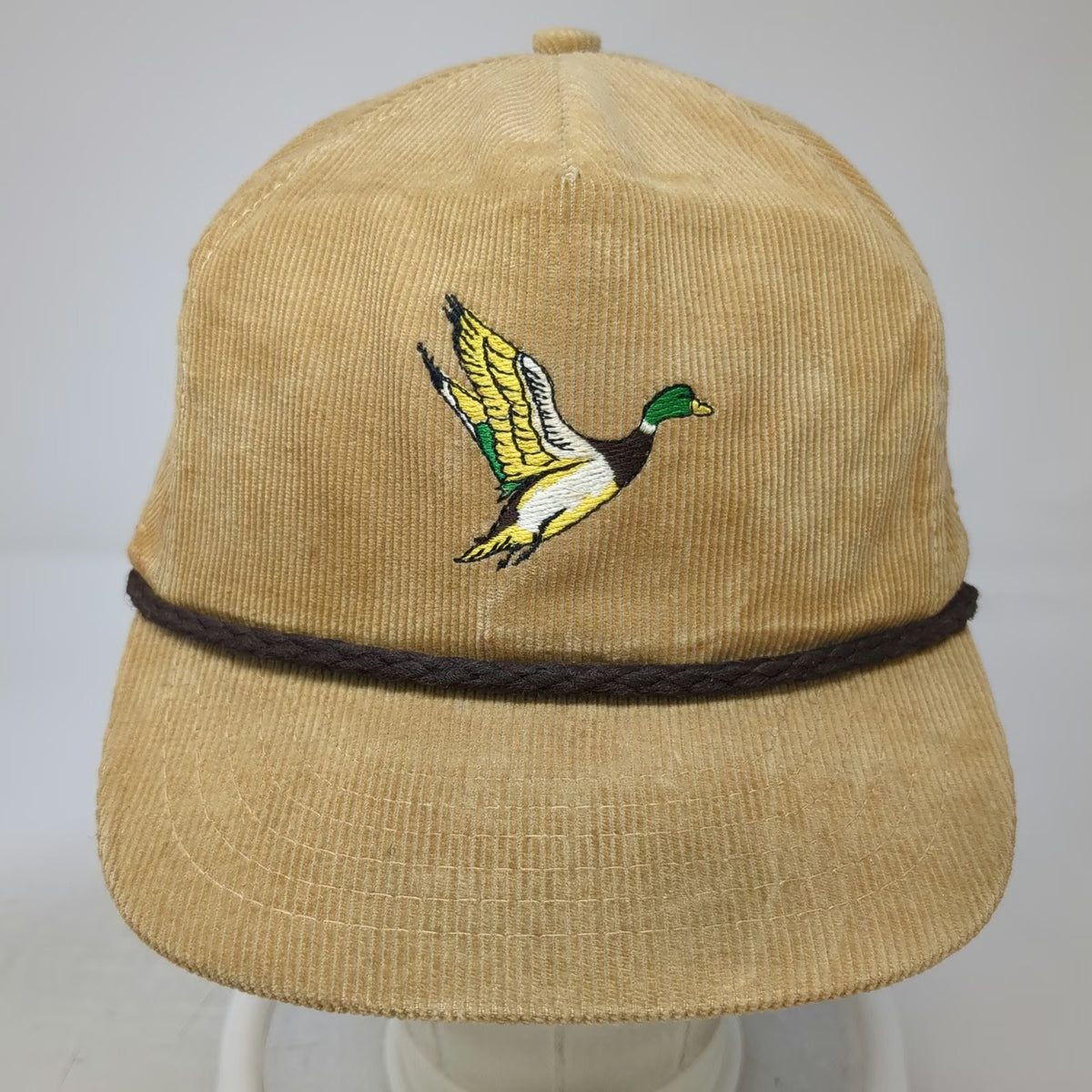 Trucker Hat Beige One Size Corduroy Mallard Duck Braided Rope Hunting Bird Hat