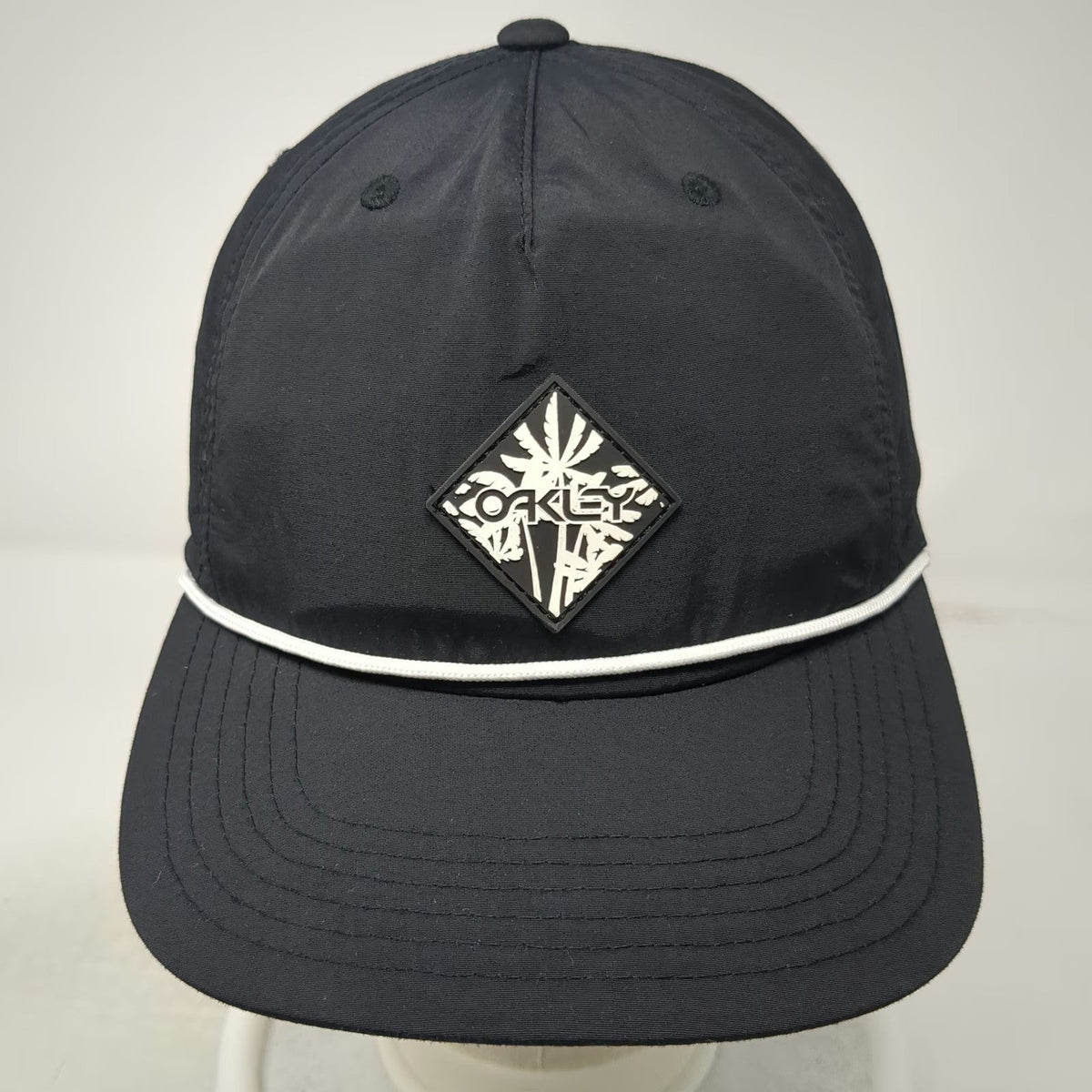 Oakley 5 Panel Hat Black OSFM Snapback Rope Palm Tree Diamond Patch Nylon Sport