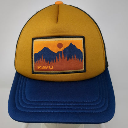 KAVU Trucker Hat Yellow Blue Black One Size Mountain Patch Snapback Foam Front