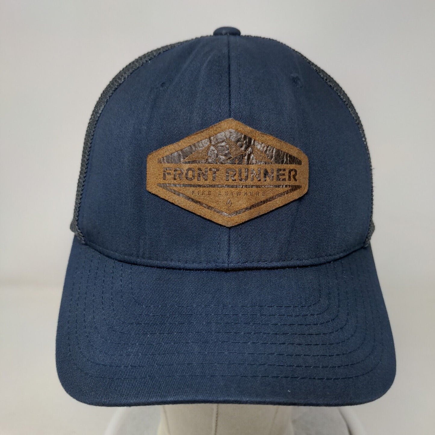 Front Runner Leather Patch Fitted Mesh Back Trucker Hat Blue One Size