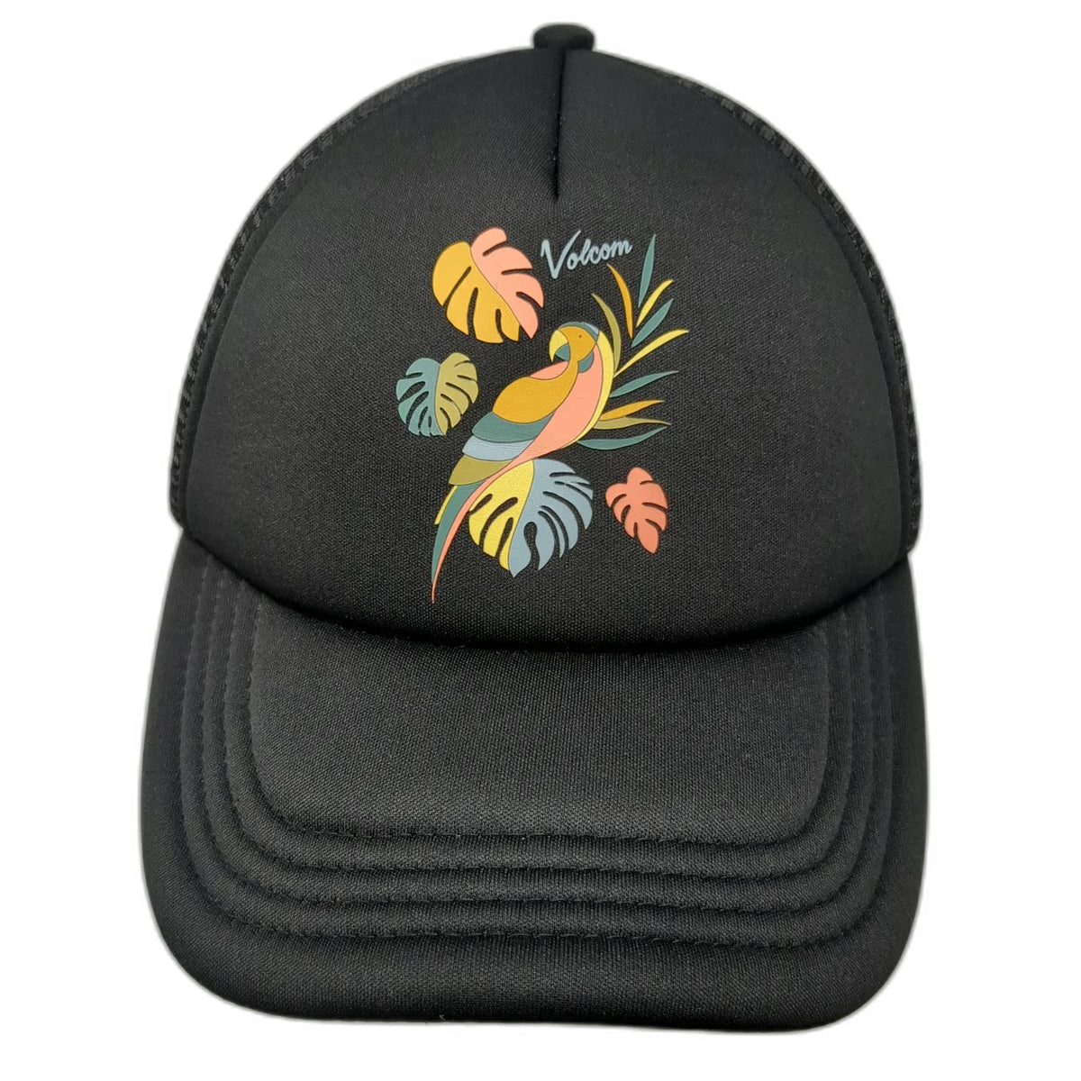Volcom Trucker Hat Black OSFM Snapback Tropical Parrot Palm Leaf Mesh Back Foam