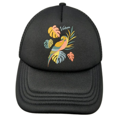 Volcom Trucker Hat Black OSFM Snapback Tropical Parrot Palm Leaf Mesh Back Foam