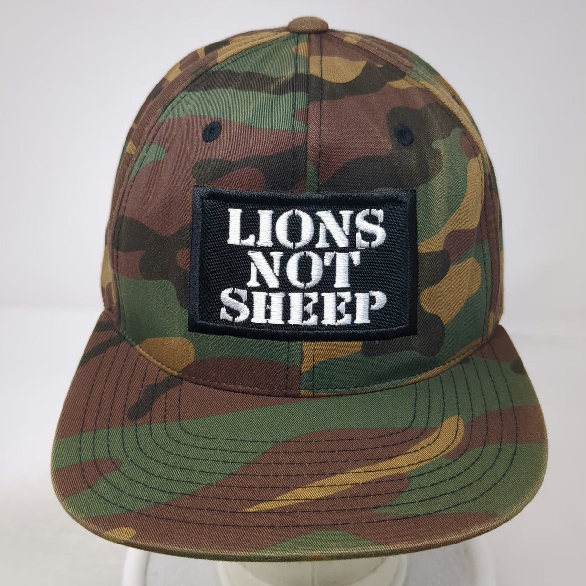 Yupoong Snapback Green OSFM Lions Not Sheep Woodland Camo Flat Brim Patch Hat