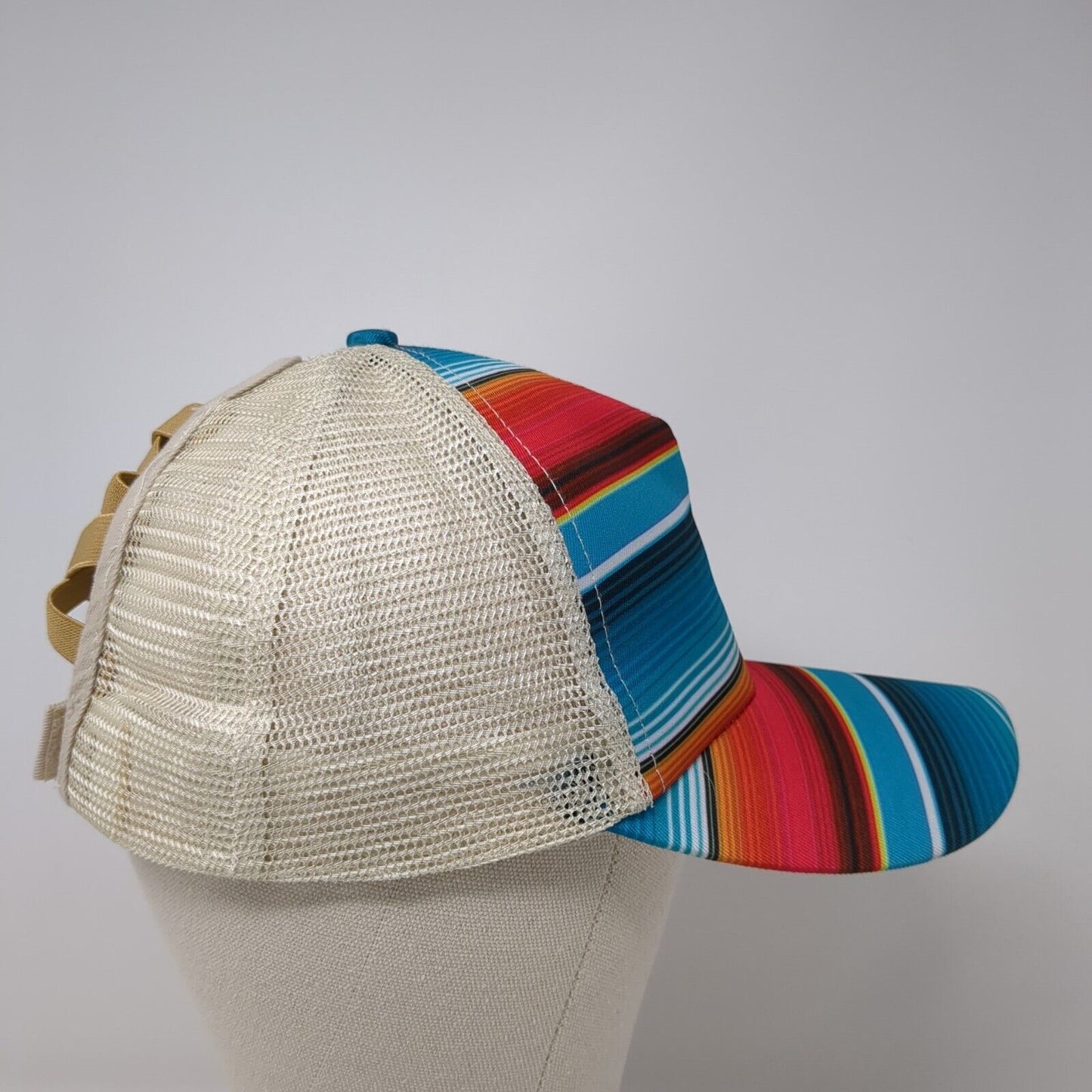 Unbranded Ponyback Strapback Hat Multicolor OS Adjustable Striped Mesh Back
