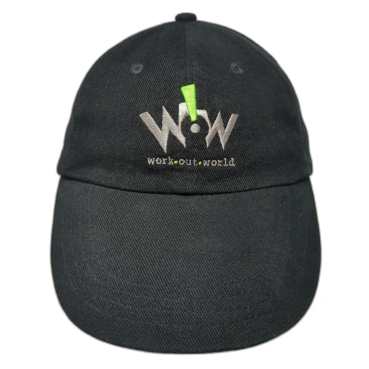 Work Out World WOW Gym Baseball Cap Black One Size Cotton Logo Hat Slideback