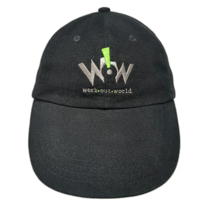 Work Out World WOW Gym Baseball Cap Black One Size Cotton Logo Hat Slideback