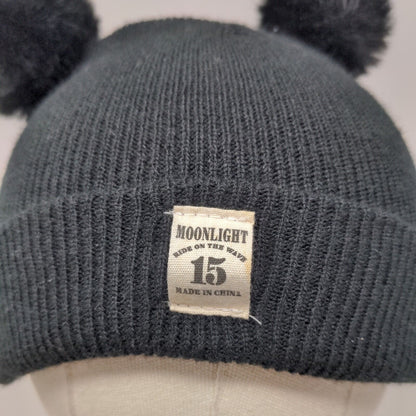 Moonlight Ride on The Wave 15 Beanie Hat Black One Size Knitted Pom Pom Fleece