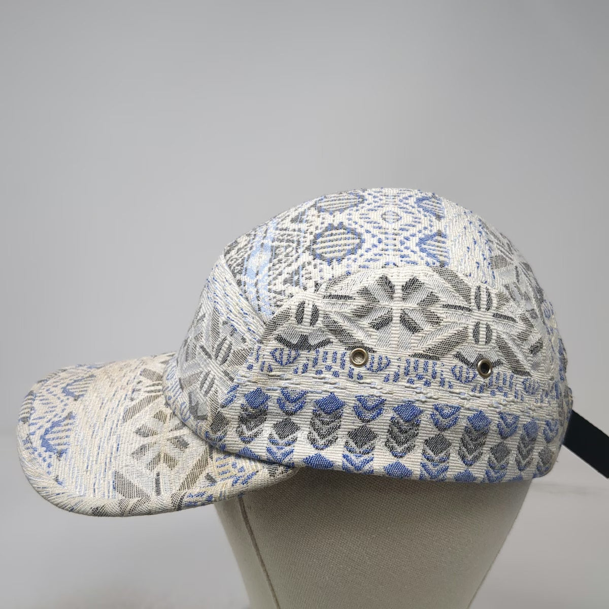 5 Panel Hat Beige Blue Gray Woven Geometric One Size Strapback Tribal Print