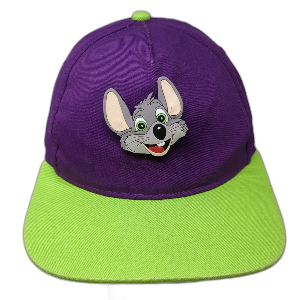 Chuck E. Cheese Boys 5 Panel Purple Hat Green Snapback Rubber Mascot Logo
