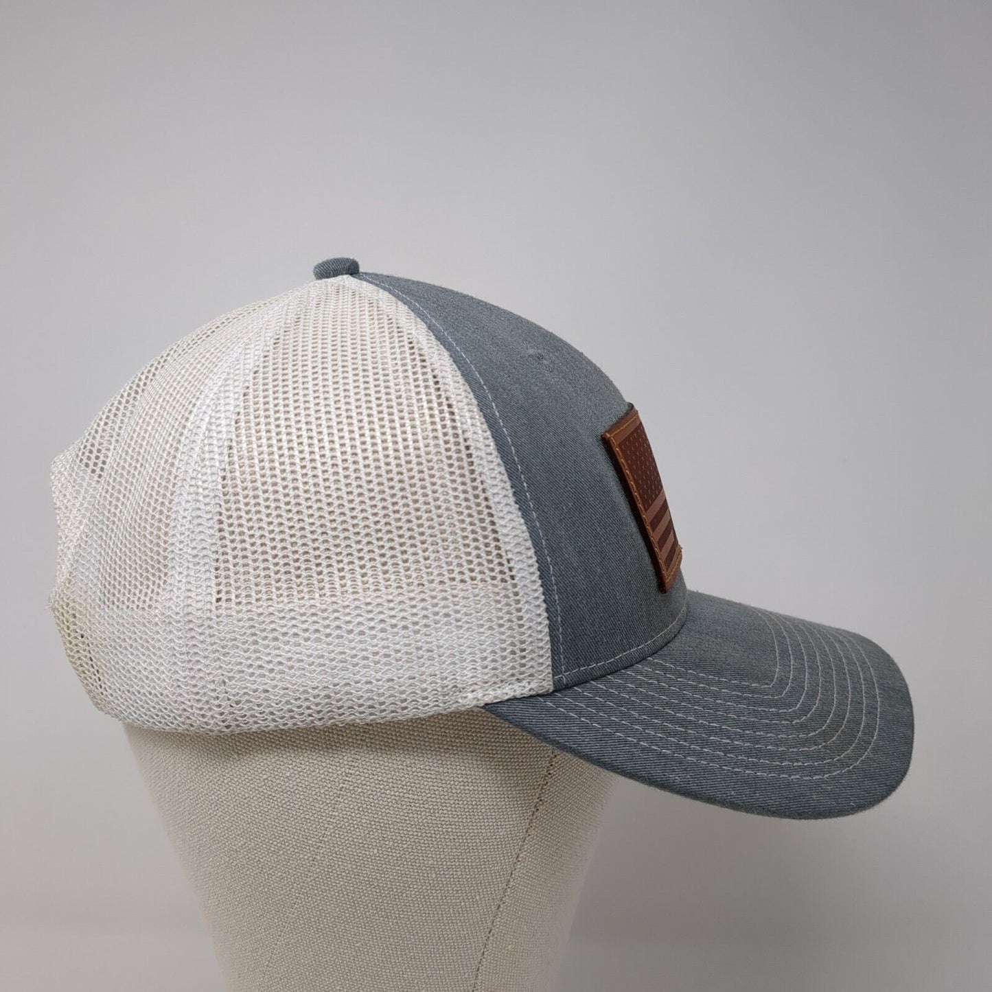 USA Flag Leather Patch Snapback Trucker Hat Gray One Size Mesh Back