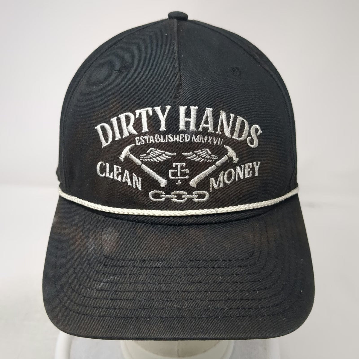 Troll Co. 5 Panel Black Hat One Size Dirty Hands Clean Money Snapback Rope Crown