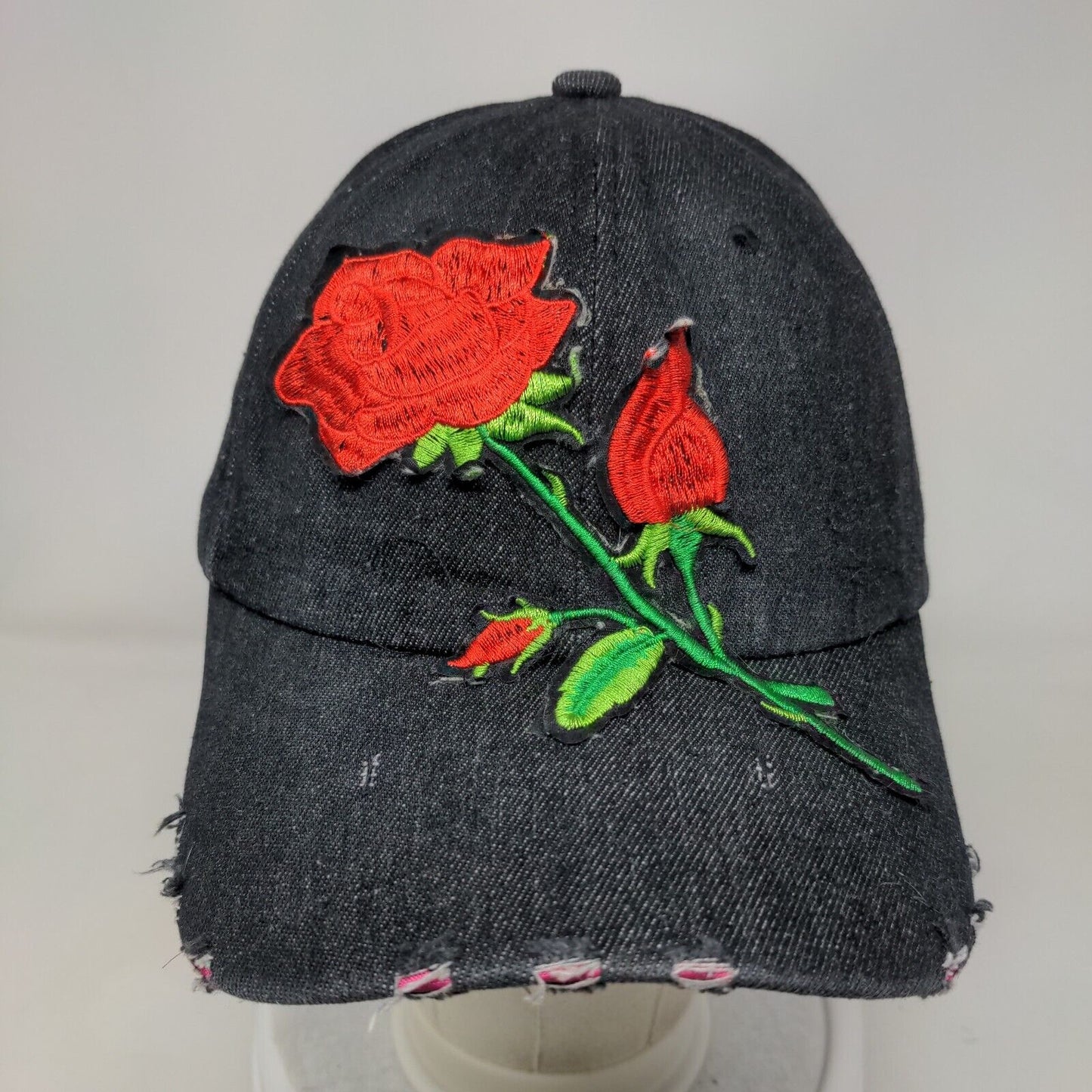 Rose Slideback Hat Black One Size Adjustable Embroidered Distressed 6 Panel