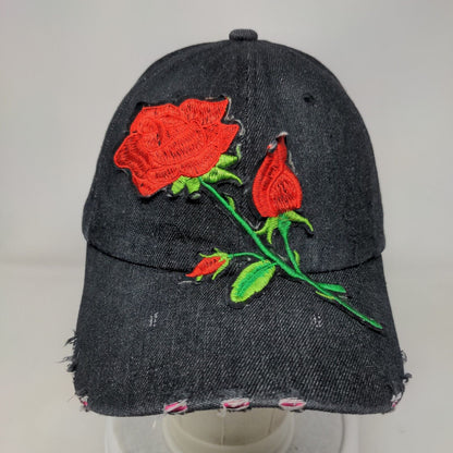 Rose Slideback Hat Black One Size Adjustable Embroidered Distressed 6 Panel