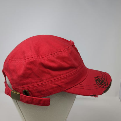 Leader Army Cap Red One Size Rhinestone Rose Distressed Cotton Slideback Hat