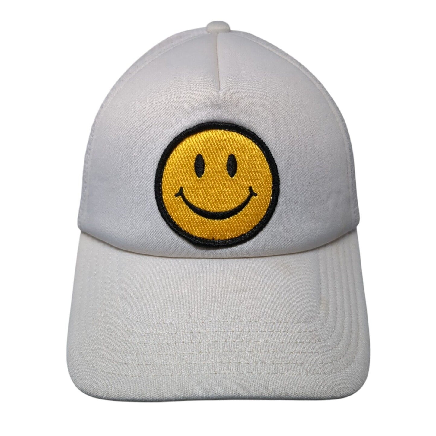 Smiley Face Snapback Trucker Hat White One Size Adjustable Mesh Back Polyester