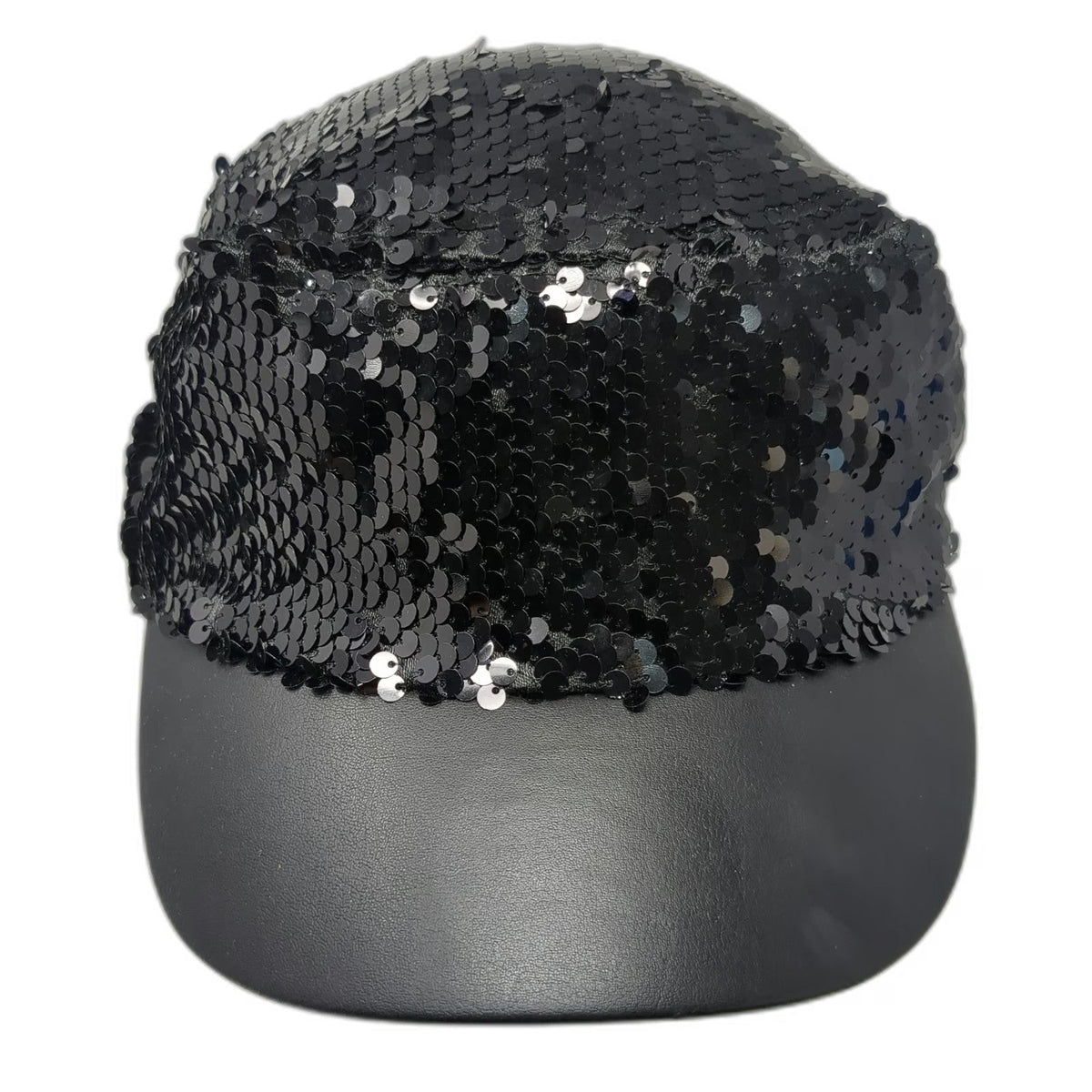 Army Cap Black One Size Sequin Faux Leather Bill Shiny Sparkle Bling Cadet Hat