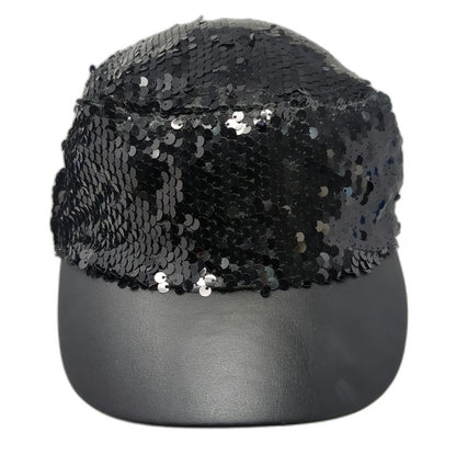 Army Cap Black One Size Sequin Faux Leather Bill Shiny Sparkle Bling Cadet Hat