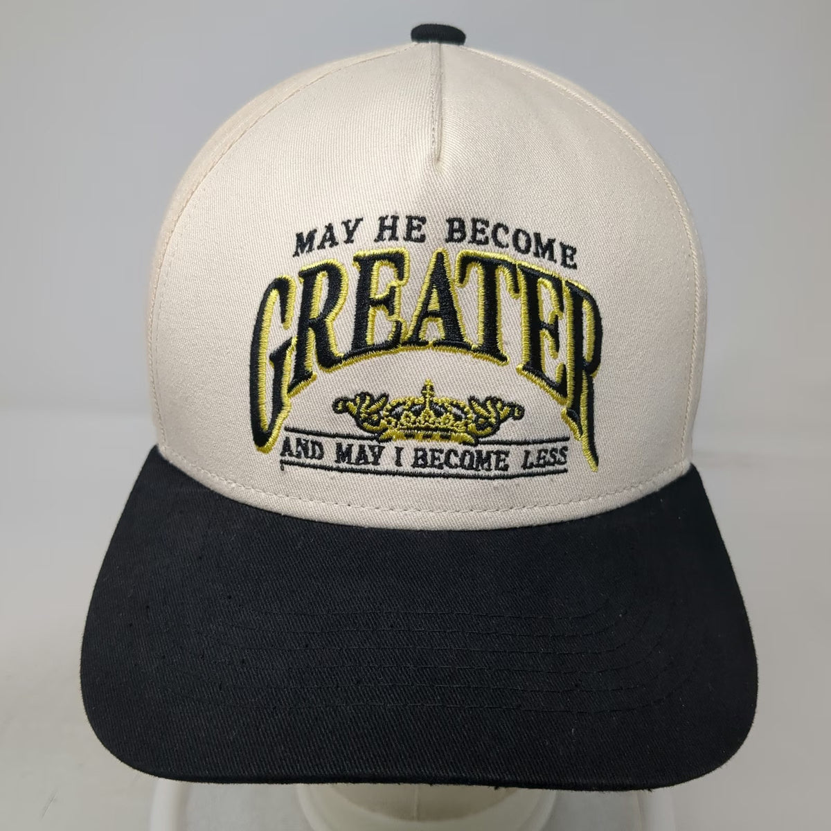 Beige Black 5 Panel Hat One Size Religious May He Become Greater Crown Snapback