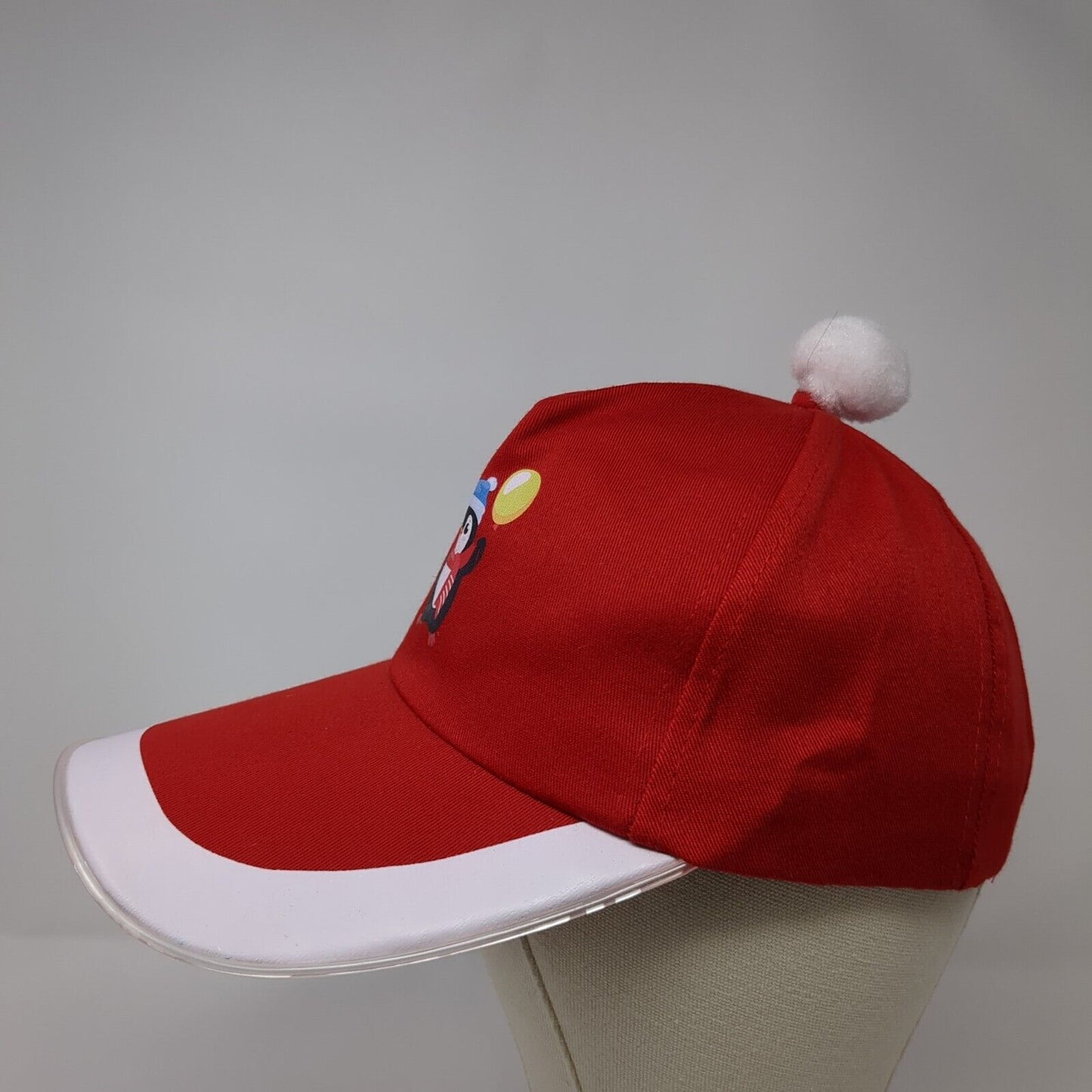 Penguin Christmas Sideback Hat Red One Size Adjustable Pom Pom 6 Panel