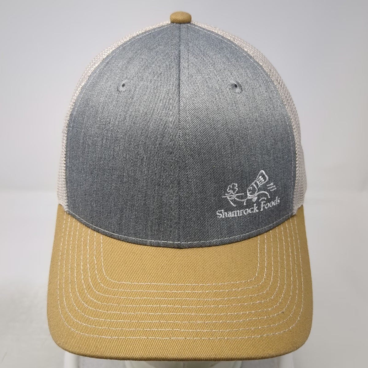 Fahrenheit Trucker Hat Gray Yellow One Size Shamrock Foods Logo Mesh Snapback