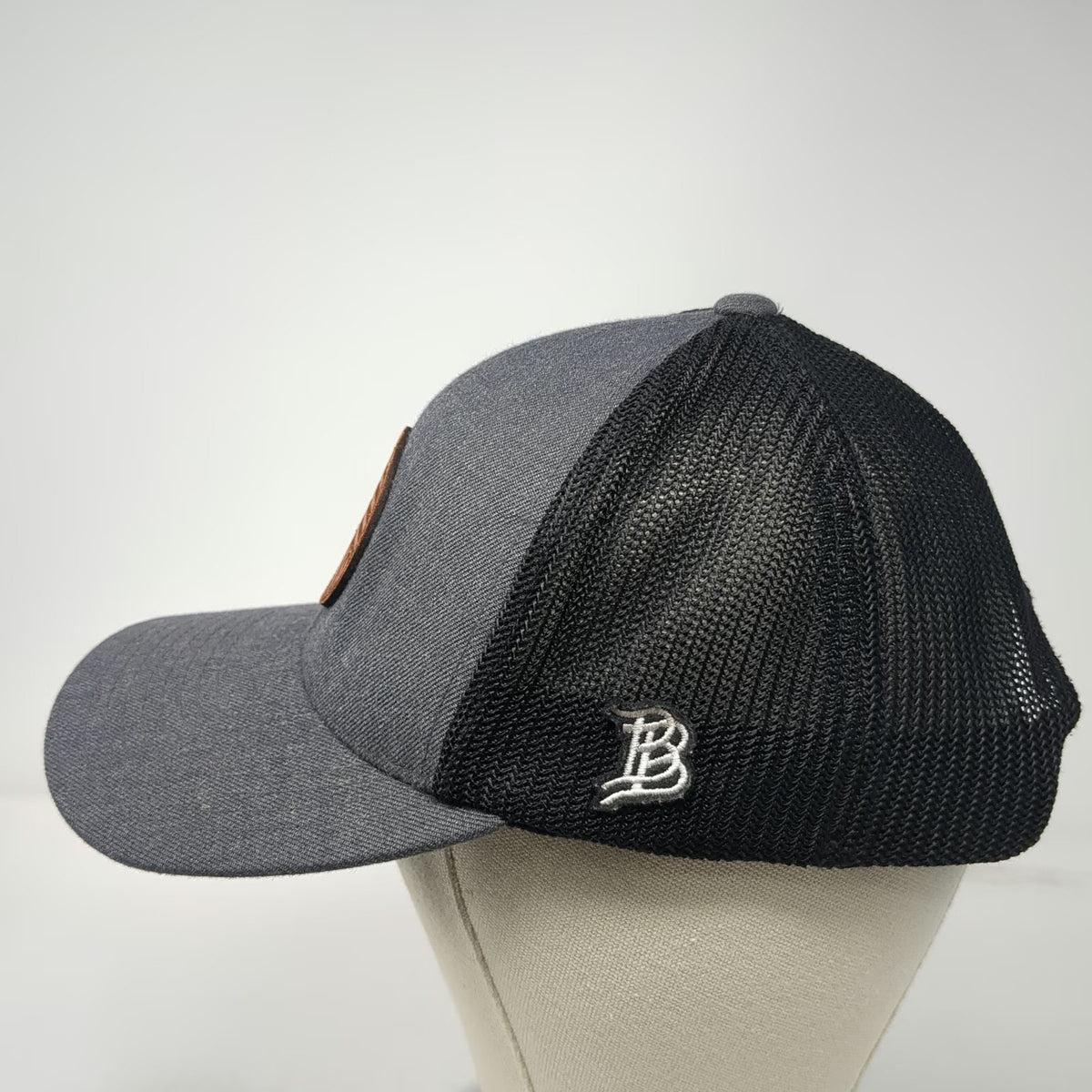 Branded Bills Trucker Hat Gray Black One Size Mesh Back Leather Patch Mountain