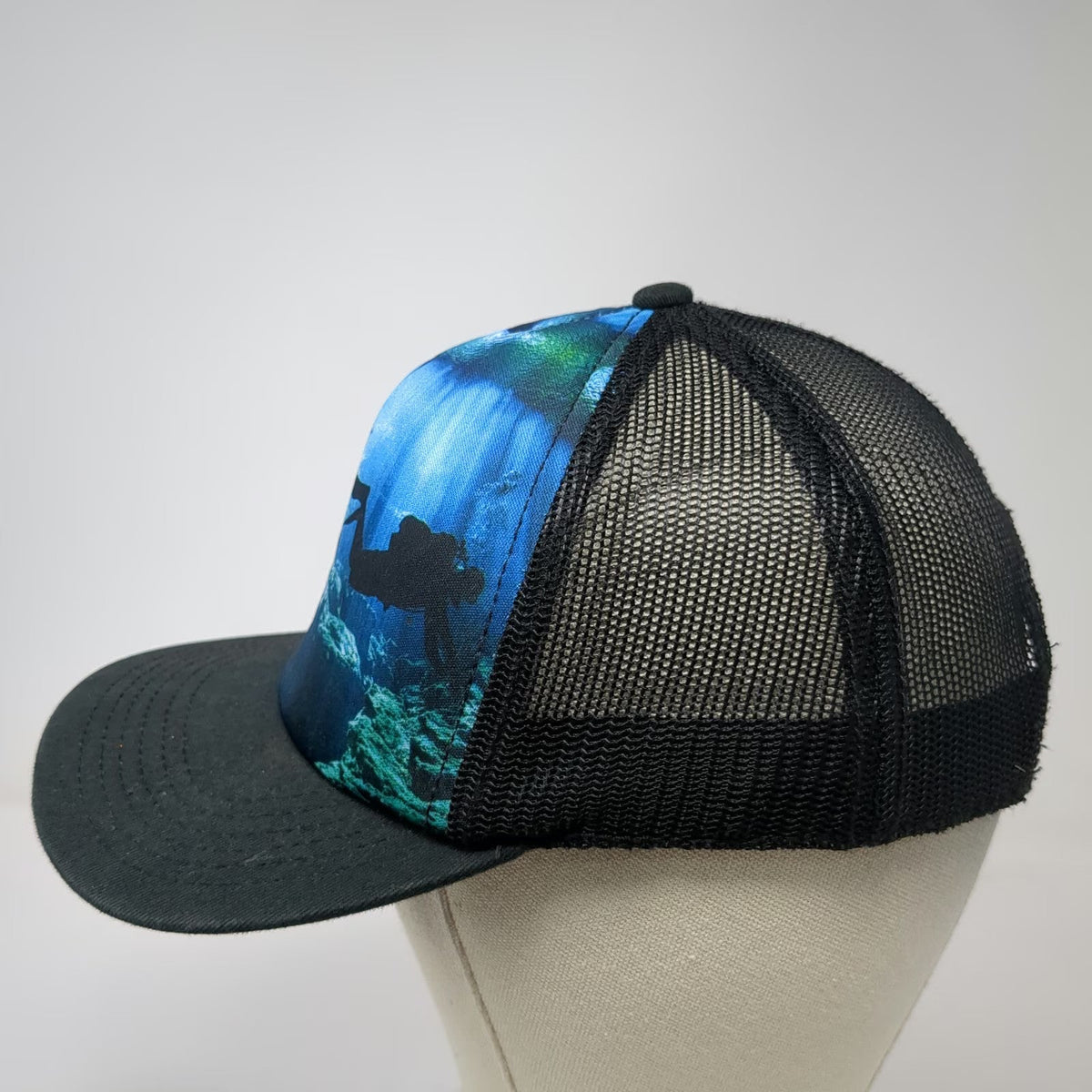 Old Navy Trucker Hat Blue Black One Size Scuba Diver Underwater Graphic Snapback