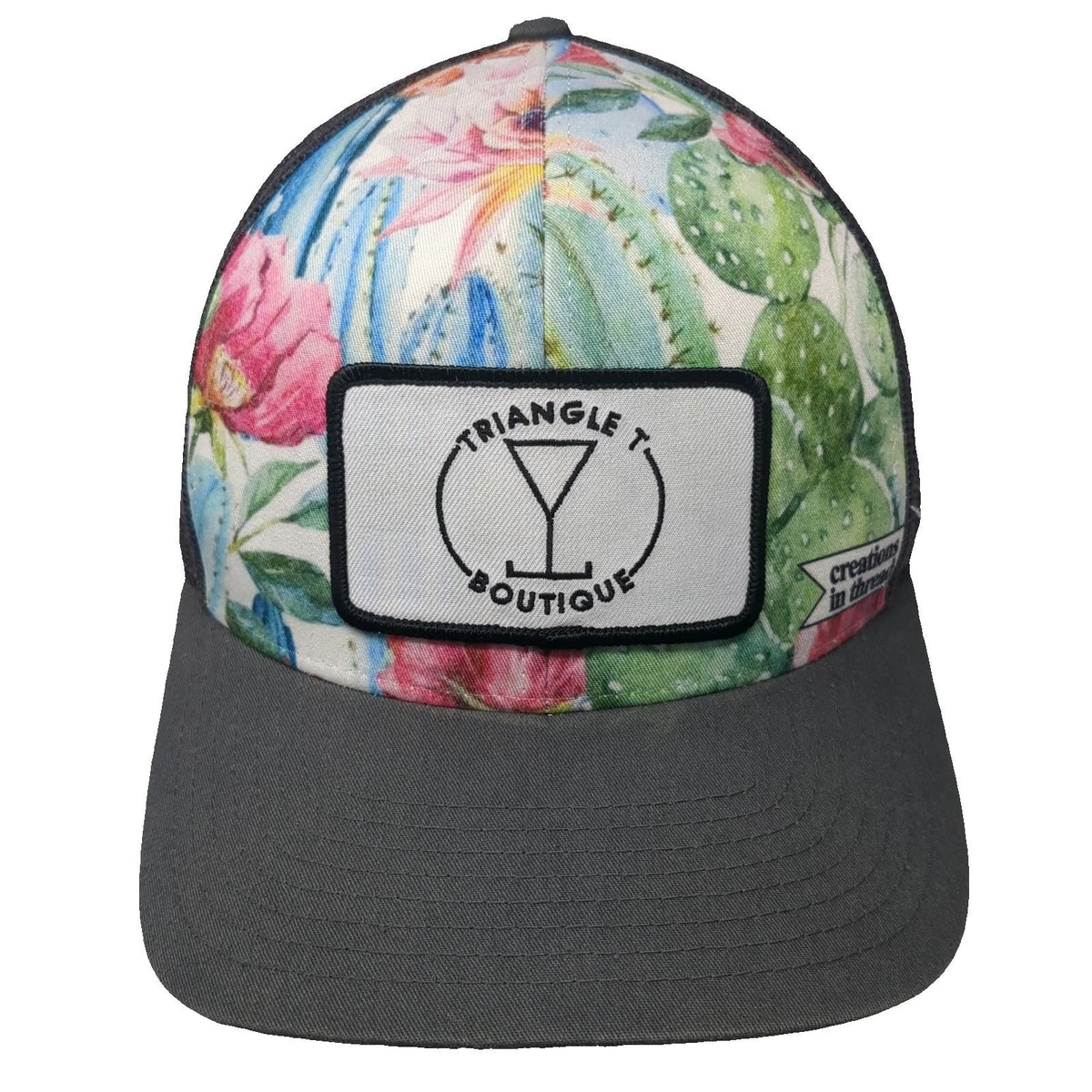 Triangle T Boutique Trucker Hat Gray White One Size Floral Cactus Mesh Snapback