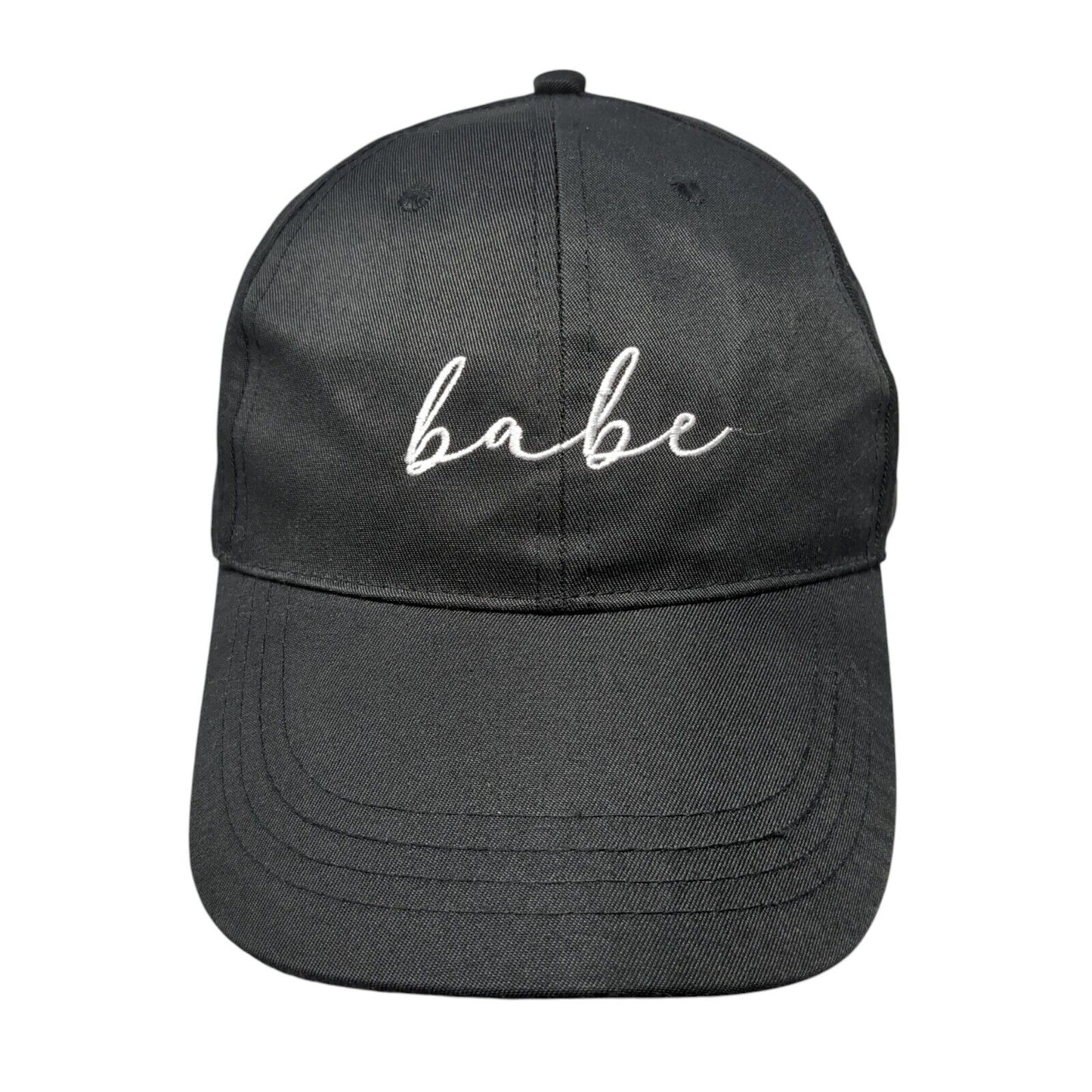Babe Strapback Hat Black One Size Adjustable Embroidered Vented Holes 6 Panel