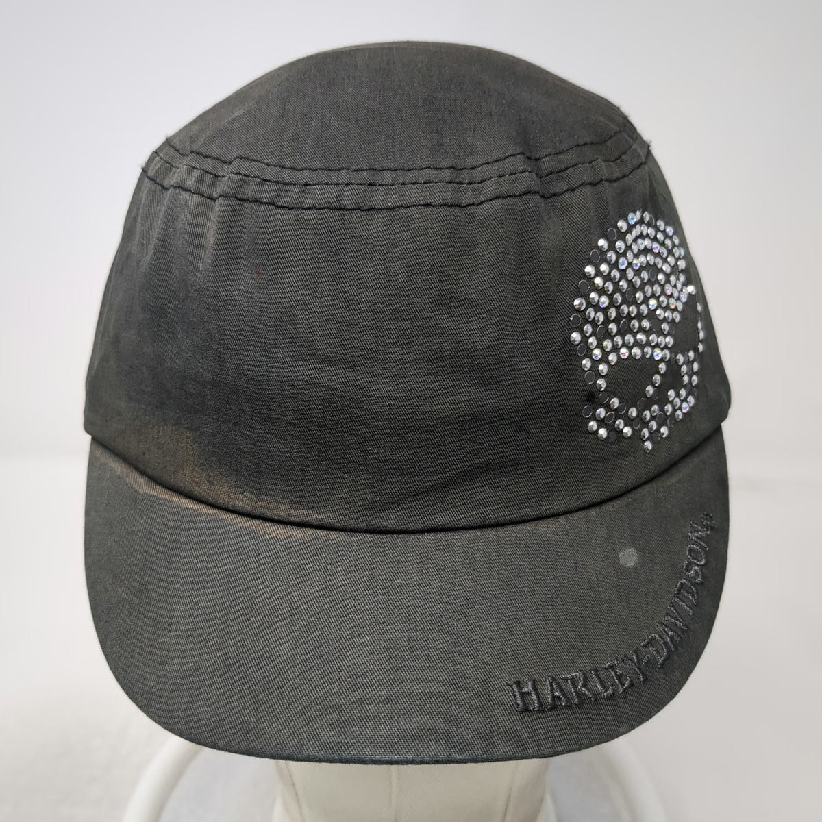 Harley-Davidson Army Cap Gray One Size Rhinestone Skull Embroidered Cotton Hat