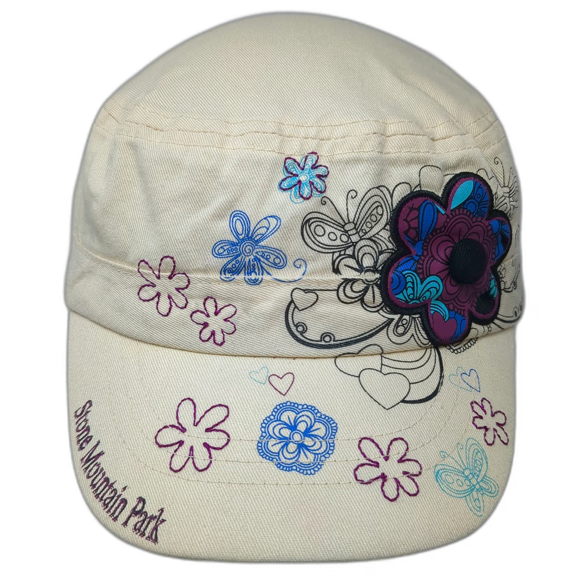 Stone Mountain Park Army Cap Beige OSFM Strapback Floral Butterfly Flower Hat