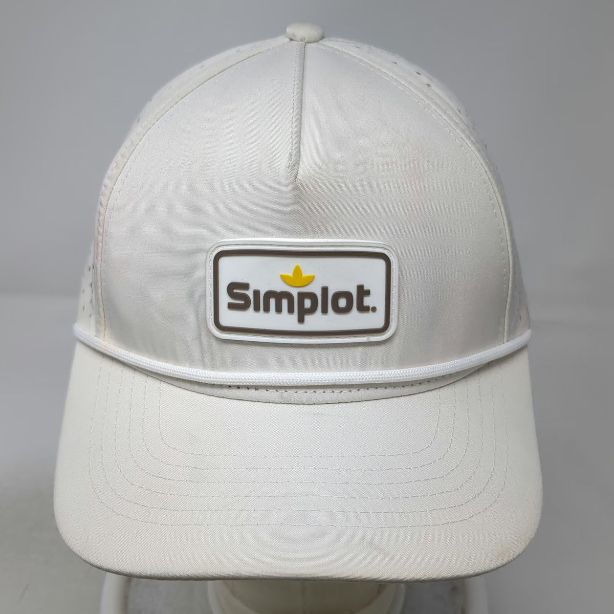 Namebrand Trucker Hat White One Size Simplot Logo Rope Brim Perforated Snapback