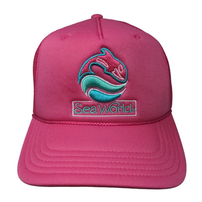 Sea World Snapback Mesh Back Rope Trucker Hat Pink One Size Embroidered