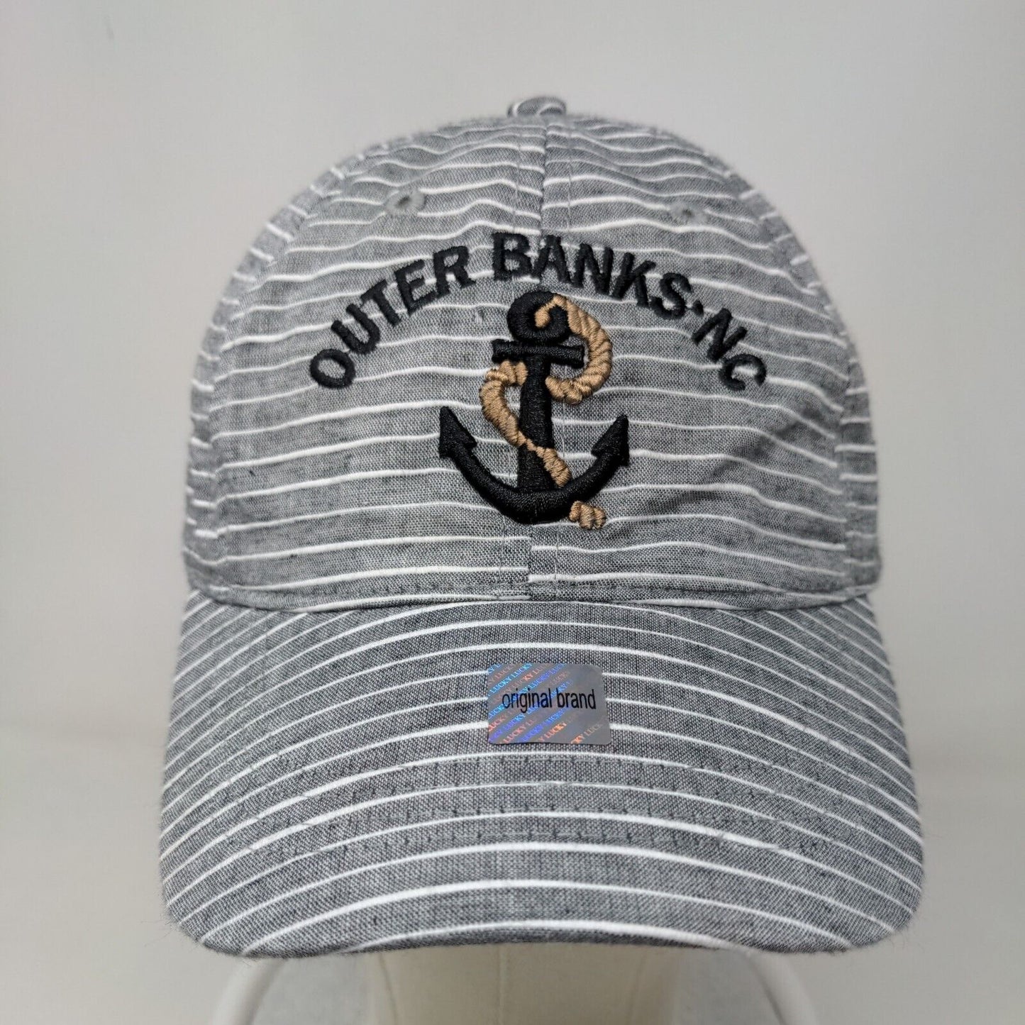 Outer Banks Men's Strapback Hat Gray Striped Embroidered Anchor Logo