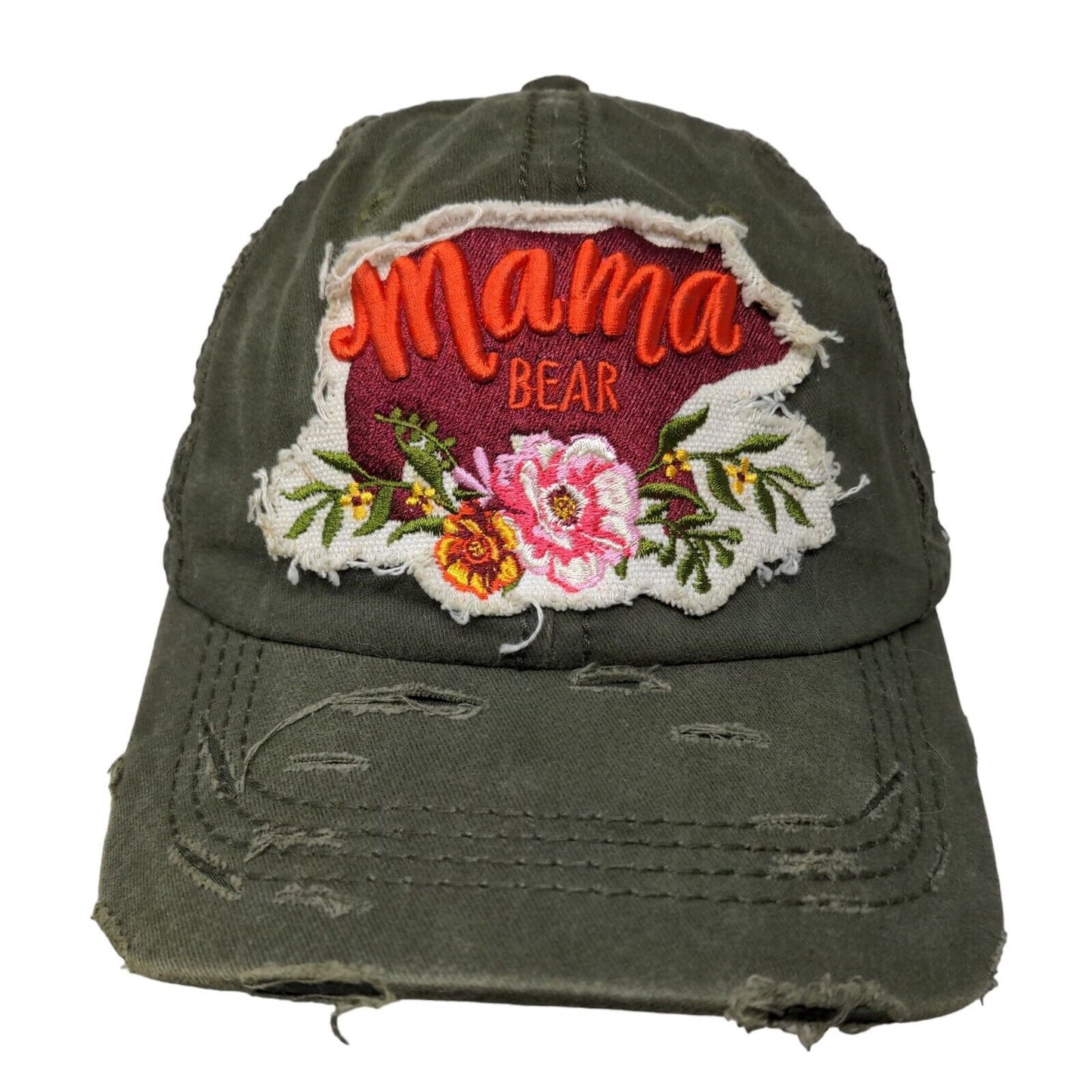 4350 District Women's Strapback Hat Green Embroidered Mama Bear Logo Cotton