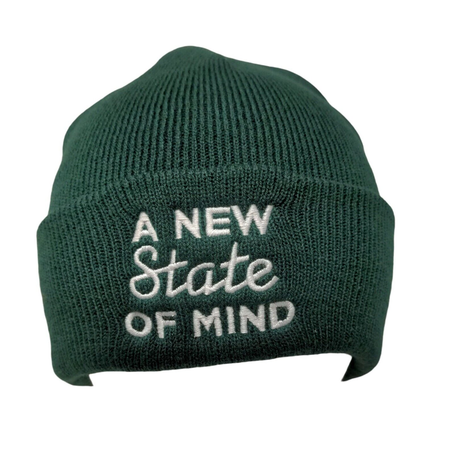 A New State of Mind Beanie Hat Green One Size Knitted Stretch Embroidered