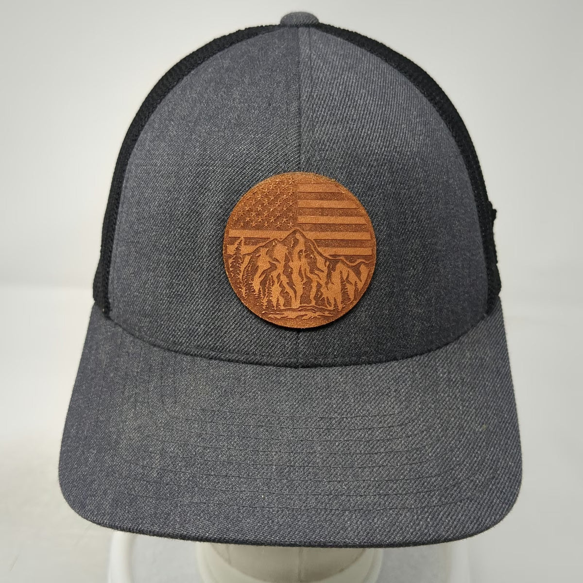 Branded Bills Trucker Hat Gray Black One Size Mesh Back Leather Patch Mountain