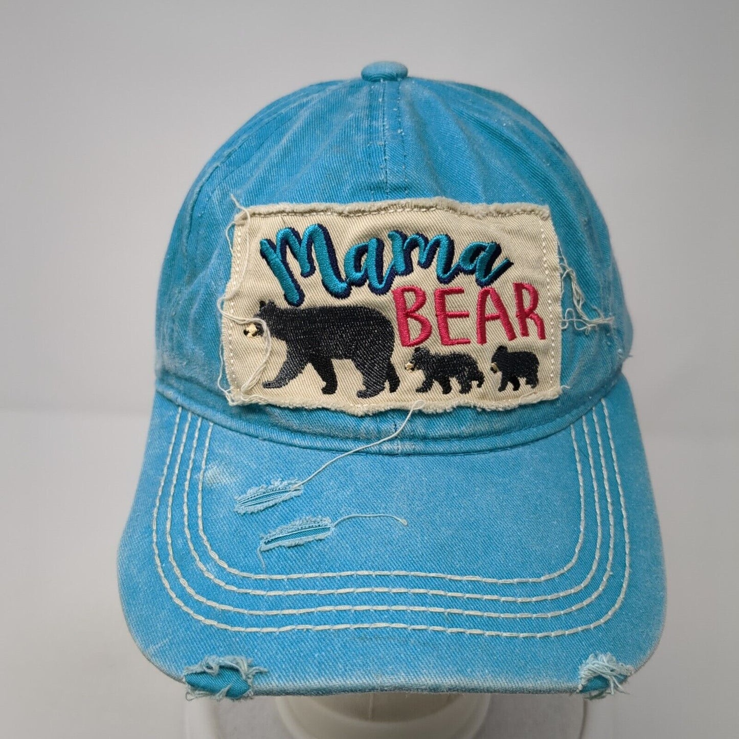 Mama Bear Strapback Hat Blue One Size Adjustable Embroidered Distressed