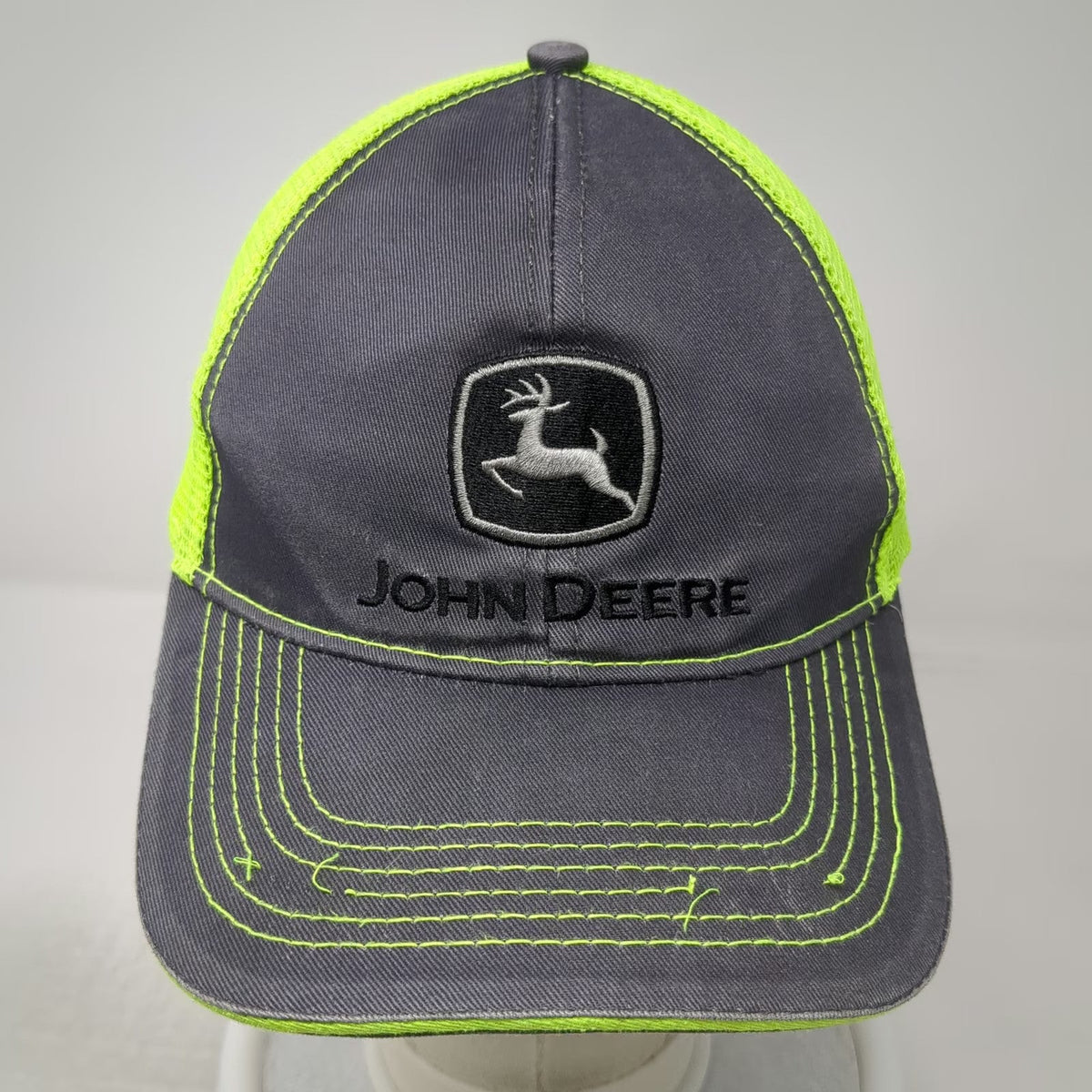 John Deere Trucker Hat Gray Green One Size Mesh Back Contrast Stitching Snapback
