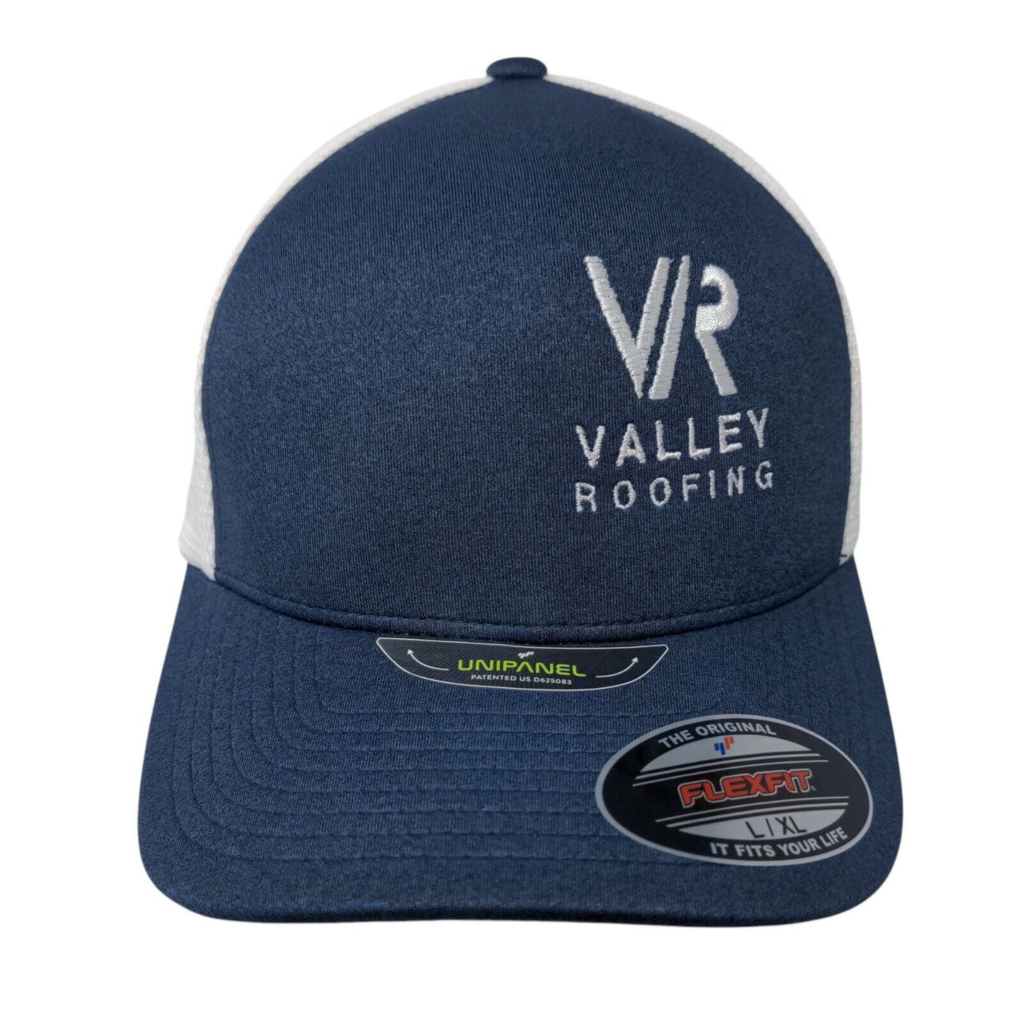 VR Valley Roofing Fitted Trucker Hat Blue L/XL Flexfit Mesh Back Yupoong